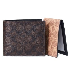 画像1: 【COACH】コーチ 財布 メンズ コーティングキャンバス レザー シグネチャー コンパクト ID カードケース付き 2点セット 二つ折り財布 マホガニーマルチ（日本未発売）