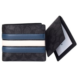 画像1: 【COACH】コーチ 財布 メンズ コーティングキャンバス レザー シグネチャー ストライプ カードケース付き ウォレット 2点セット 二つ折り財布 チャコール×デニム×チャーク（日本未発売）