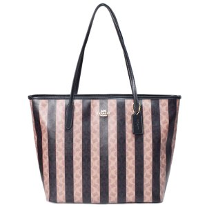 画像1: 【COACH】コーチ バッグ コーティングキャンバス レザー シグネチャー ストライプ ロゴ シティ トートバッグ ウォルナット×タン〔日本未発売〕