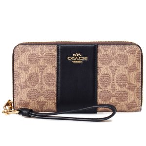 画像1: 【COACH】コーチ 長財布 コーティングキャンバス レザー シグネチャー ロゴ ストライプ リストレット ロング ジップ  アラウンド 長財布 タン×ブラック（日本未発売）