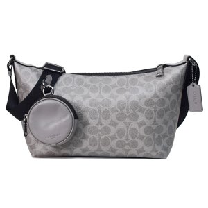 画像1: 【COACH】コーチ メンズ バッグ コーティングキャンバス レザー シグネチャー スモール フィン コインケース ポーチ付き クロスボディ 斜め掛け ショルダーバッグ グレー×チャコール（日本未発売）