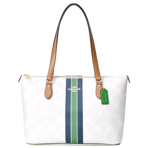 画像1: 【COACH】コーチ バッグ コーティングキャンパス レザー シグネチャー ギャラリー ストライプ ジップトートバッグ チャークマルチ〔日本未発売〕