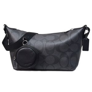 画像1: 【COACH】コーチ メンズ バッグ コーティングキャンバス レザー シグネチャー スモール フィン コインケース ポーチ付き クロスボディ 斜め掛け ショルダーバッグ チャコール×ブラック（日本未発売）