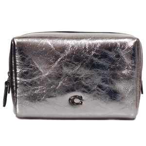 画像1: 【COACH】コーチ コスメポーチ レザー メタリック エッセンシャル ロゴ スクエア コスメティック ケース 化粧ポーチ アンスラサイト（日本未発売）