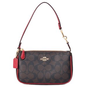 画像1: 【COACH】コーチ バッグ コーティングキャンバス レザー シグネチャー ノリータ 19 リストレット マルチ ポーチ ハンドバッグ ブラウン×レッド〔日本未発売〕
