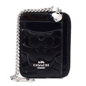 画像1: 【COACH】コーチ コインケース パテントレザー シグネチャー 型押し ハート チャーム チェーン ジップ カードケース カードポーチ 定期入れ 名刺入れ 小銭入れ ブラック（日本未発売）