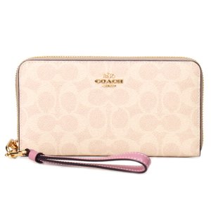 画像1: 【COACH】コーチ 長財布 コーティングキャンバス レザー シグネチャー リストレット ロング ジップ アラウンド 長財布 サンド×ピオニー（日本未発売）