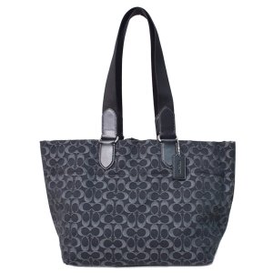 画像1: 【COACH】コーチ バッグ メンズ デニム レザー シグネチャー スモール ツアー ダブル ハンドル 2way トートバッグ ハンドバッグ ブラック〔日本未発売〕