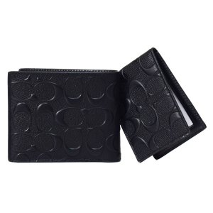 画像1: 【COACH】コーチ 財布 メンズ レザー シグネチャー 型押し スリーインワン コンパクト ID カードケース付き 2点セット 二つ折り財布 ブラック（日本未発売）