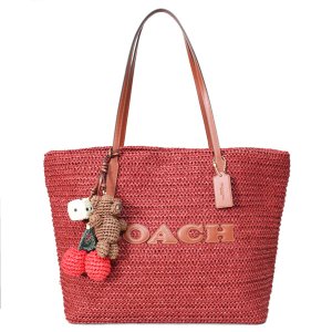 画像1: 【COACH】コーチ バッグ かごバッグ ストロー レザー ラージ シティ トート サイコロ テディベア さくらんぼ チャーム付き ロゴ トートバッグ ラシット〔日本未発売〕
