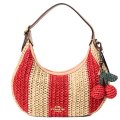【COACH】コーチ バッグ かごバッグ 三日月型 ストロー レザー エミリー ストライプ チャーム付き ロゴ 2way クロスボディ 斜め掛け ショルダーバッグ ハンドバッグ レッド×タン（日本未発売）