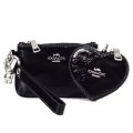 【COACH】コーチ ポーチ シャイニー クリンクル レザー リストレット ハート型 テディベア くま チャーム ポーチ 2点セット マルチポーチ ブラック〔日本未発売〕