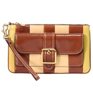 画像1: 【COACH】コーチ バッグ シャイニー クリンクル レザー ストライプ パッチワーク ロゴ アシュトン リストレット フラップ ポーチ クラッチバッグ レッドウッドマルチ〔日本未発売〕
