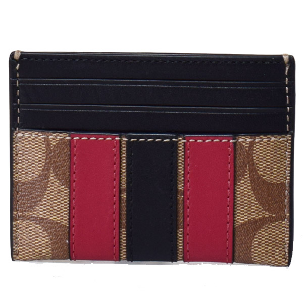 【COACH】コーチ メンズ コーティングキャンバス カーフレザー シグネチャー ヴァーシティー ストライプ スリム パスケース カードケース タン×ソフトレッド（日本未発売）