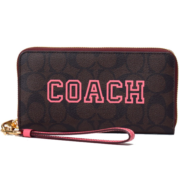 【COACH】コーチ コーティングキャンバス レザー シグネチャー ヴァーシティ ロゴ リストレット ジップ アラウンド 長財布 ブラウン×ウォーターメロン（日本未発売）