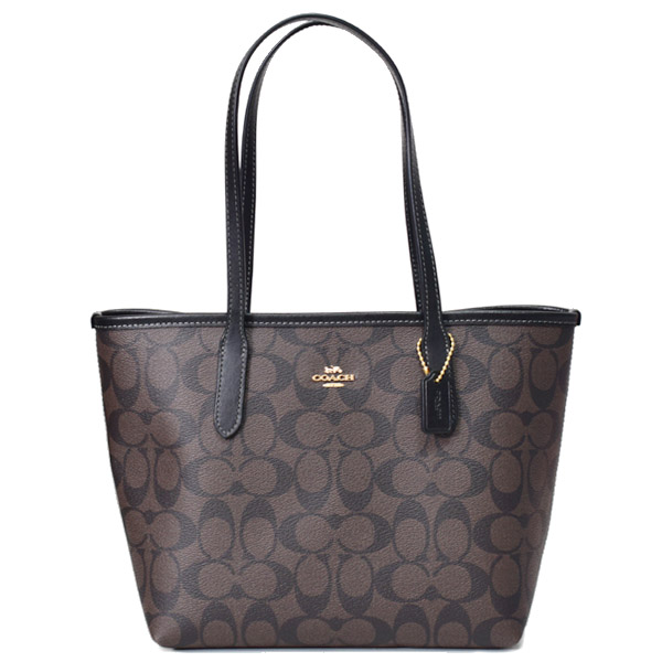 【COACH】コーチ コーティングキャンバス レザー シグネチャー ミニ シティ トートバッグ ブラウン×ブラック〔日本未発売〕