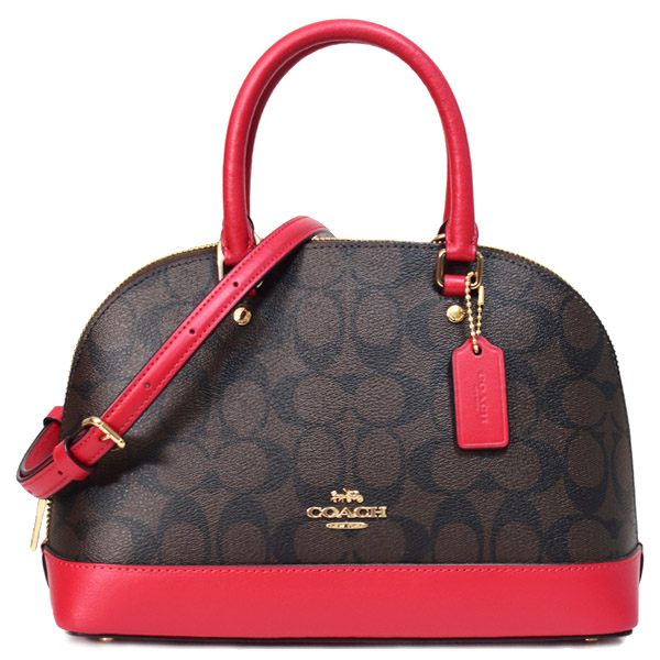 【COACH】コーチ バッグ ドーム型 コーティングキャンバス レザー シグネチャー ミニ サッチェル 2WAY ショルダー ハンドバッグ ブラウン×トゥルーレッド（日本未発売）