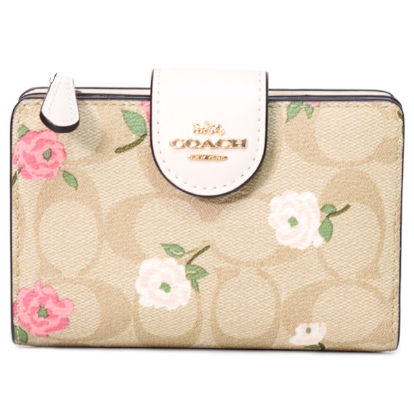 【COACH】コーチ 財布 花柄 コーティングキャンバス レザー シグネチャー フローラル ミディアム コーナー ジップ ウォレット 二つ折り財布 ライトカーキチャークマルチ（日本未発売）