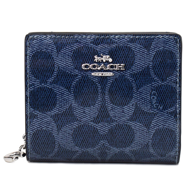 【COACH】コーチ 財布 パテント コーティングキャンバス シグネチャー ロゴ チャーム コンパクト スナップ ウォレット 二つ折り 財布 ダークデニム（日本未発売）