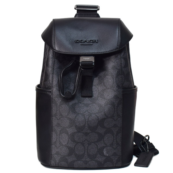 【COACH】コーチ バッグ メンズ バックパック キャンバス レザー シグネチャー レーサー パック ワンショルダー 巾着式 ボディバッグ チャコール×ブラック〔日本未発売〕