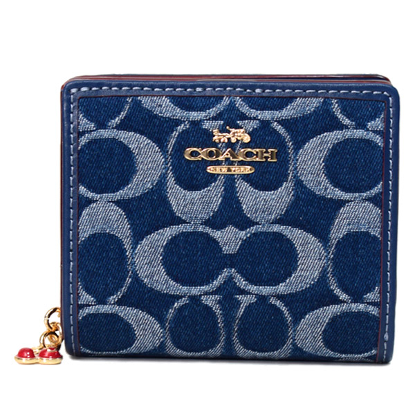 【COACH】コーチ 財布 デニム レザー シグネチャー ロゴ さくらんぼ チャーム コンパクト スナップ ウォレット 二つ折り 財布 デニム×ナチュラル（日本未発売）
