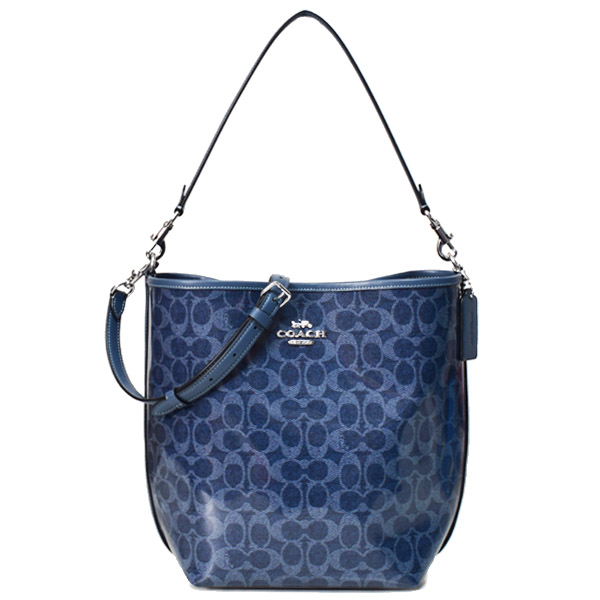 【COACH】コーチ バッグ バケツ型 デニム パテント コーティングキャンバス レザー シグネチャー シティ バケット ロゴ 2way レザー クロスボディ 斜め掛け ショルダー ハンドバッグ ダークデニム（日本未発売）