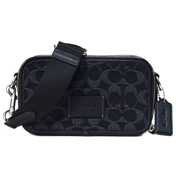 【COACH】コーチ メンズ バッグ デニム レザー シグネチャー ワイアット ダブルジップ 2WAY 斜め掛け クロスボディ クラッチ ショルダーバッグ ブラック〔日本未発売〕
