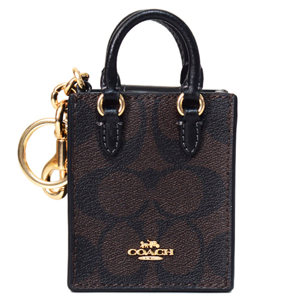 【COACH】コーチ キーホルダー コーティングキャンバス レザー シグネチャー ミニ ノースサウス トート バッグ ポーチ 小物入れ バッグチャーム ブラウン×ブラック（日本未発売）