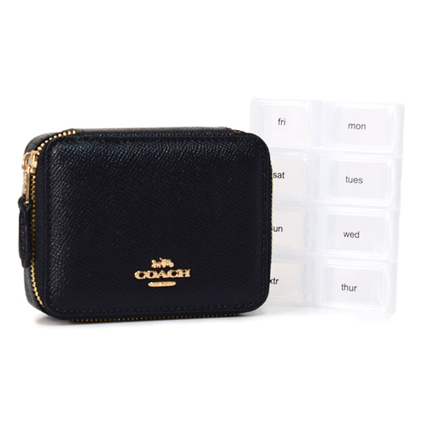 【COACH】コーチ ピルケース クロスグレインレザー ロゴ ウィークリー ピルボックス 薬入れ メディカルケース ブラック（日本未発売）