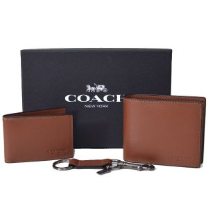 画像: 【COACH】コーチ メンズ レザー 二つ折り財布+カードケース（定期入れ）+キーホルダー 豪華3点セット ダークサドル（日本未発売）