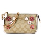 画像: 【COACH】コーチ コーティングキャンバス スムースレザー シグネチャー 花柄 フラワー フローラル アップリケ スタッズ リベット 2WAY チェーン リストレット マルチ ポーチ クラッチ  ハンドバッグ ライトカーキマルチ（日本未発売）