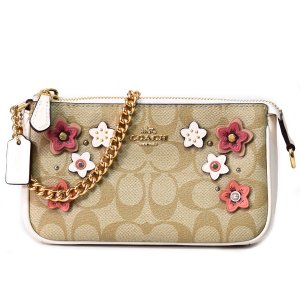 画像: 【COACH】コーチ コーティングキャンバス スムースレザー シグネチャー 花柄 フラワー フローラル アップリケ スタッズ リベット 2WAY チェーン リストレット マルチ ポーチ クラッチ  ハンドバッグ ライトカーキマルチ（日本未発売）