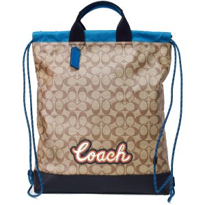 画像: 【COACH】コーチ メンズ コーティングキャンバス スムースカーフレザー ナイロン シグネチャー ロゴ スクリプト テレイン ドローストリング ナップサック バックパック リュックサック ショルダーバッグ タン〔日本未発売〕