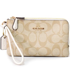 画像: 【COACH】コーチ コーティングキャンバス シグネチャー ダブル コーナー ジップ リストレット ポーチ ライトカーキ×チャーク〔日本未発売〕