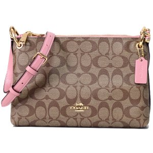 画像: 【COACH】コーチ コーティングキャンバス スムースレザー シグネチャー ミア ブロック ダブルジップ クロスボディー ショルダーバッグ カーキ×ピンクペタル （日本未発売）