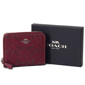 画像: 【COACH】コーチ スムースレザー シグネチャー グリッター ラメ スモール ジップ アラウンド 二つ折り 財布 専用BOX付 ワイン（日本未発売）