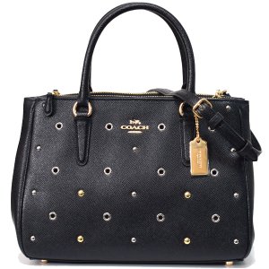 画像: 【COACH】コーチ クロスグレインレザー サリー グロメット パンチング スタッズ リベット キャリーオール  2WAY ショルダー ハンドバッグ ブラック（日本未発売）