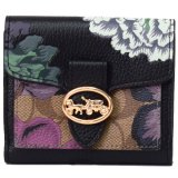 画像: 【COACH】コーチ コーティングキャンバス ぺブルレザー シグネチャー ジョージー カフェ ファセット 花柄 フラワー フローラル スモール ウォレット 二つ折り財布 ブラック×グリーンマルチ×カーキ〔日本未発売〕