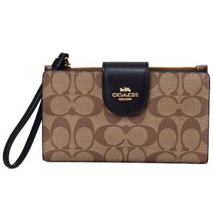 画像: 【COACH】コーチ コーティングキャンバス スムースレザー シグネチャー カラーブロック フォン iPhone スマホ テック ウォレット リストレット 財布 カーキ×ブラック〔日本未発売〕