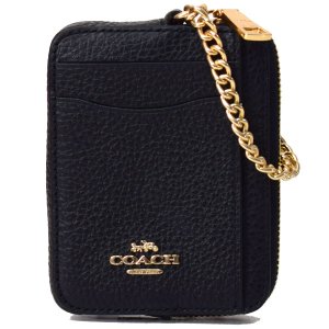 画像: 【COACH】コーチ ぺブルレザー チェーン ロゴ ジップ カードケース カードポーチ 定期入れ 名刺入れ コインケース ブラック（日本未発売）