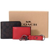 画像: 【COACH】コーチ メンズ コーティングキャンバス カーフレザー シグネチャー 二つ折り財布+カードケース（定期入れ）+キーホルダー 豪華3点セット マホガニー×ブライトカーディナル（日本未発売）