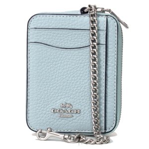 画像: 【COACH】コーチ ぺブルレザー チェーン ロゴ ジップ カードケース カードポーチ 定期入れ 名刺入れ コインケース ライトティール（日本未発売）