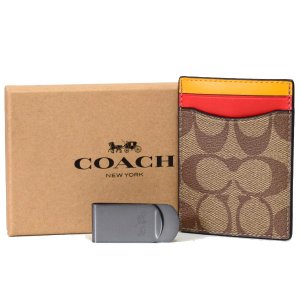 画像: 【COACH】コーチ メンズ コーティングキャンバス レザー シグネチャー マネークリップ付き カードケース 2点セット BOX付き 名刺入れ カーキマルチ（日本未発売）