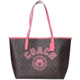 画像: 【COACH】コーチ コーティングキャンバス スムースレザー シグネチャー ヴァーシティ トートバッグ ブラウン×ウォーターメロン〔日本未発売〕