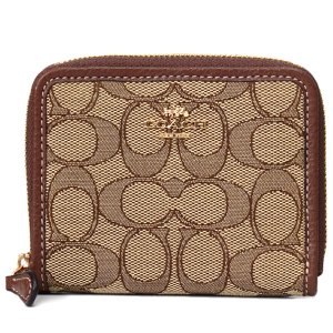 画像: 【COACH】コーチ ジャガード レザー シグネチャー ロゴ スモール ジップ アラウンド ウォレット 二つ折り 財布 カーキ×サドルマルチ〔日本未発売〕