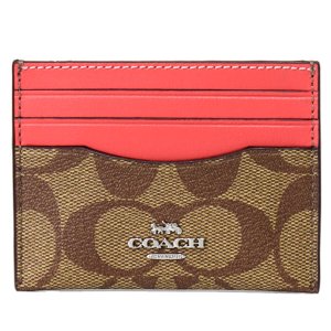 画像: 【COACH】コーチ コーティングキャンバス レザー シグネチャー ロゴ スリム ID パスケース カードケース  定期入れ 名刺入れ カーキ×タンジェリン（日本未発売）