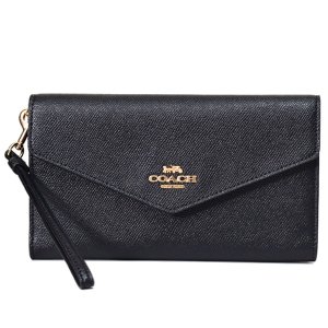 画像: 【COACH】コーチ クロスグレインレザー トラベル エンベロープ リストレット付き ウォレット 三つ折り 長財布 クラッチ ブラック（日本未発売）