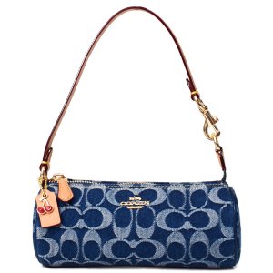 画像: 【COACH】コーチ バッグ デニム レザー シグネチャー 筒型 チェリー さくらんぼ チャーム付き ノリータ リストレット バレル バッグ マルチ ポーチ デニム×ナチュラル（日本未発売）