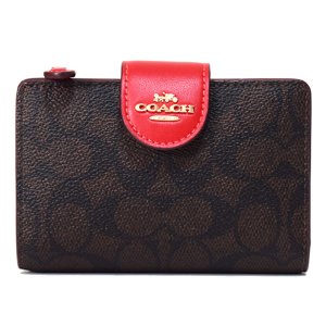 画像: 【COACH】コーチ 財布 コーティングキャンバス レザー シグネチャー ミディアム コーナー ジップ ウォレット 二つ折り財布 ウォルナット×ボールドレッド（日本未発売）