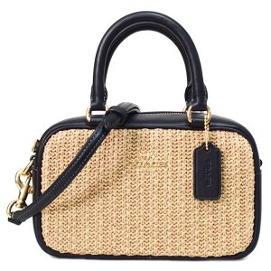画像: 【COACH】コーチ バッグ ストロー かごバッグ ミニ ロゴ サッチェル 2WAY レザー クロスボディ 斜め掛け ショルダー ボストン ハンドバッグ トースト×ブラック〔日本未発売〕
